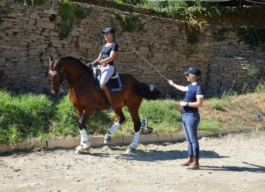 Cavalière, cheval lusitanien et coach au travail du piaffer
