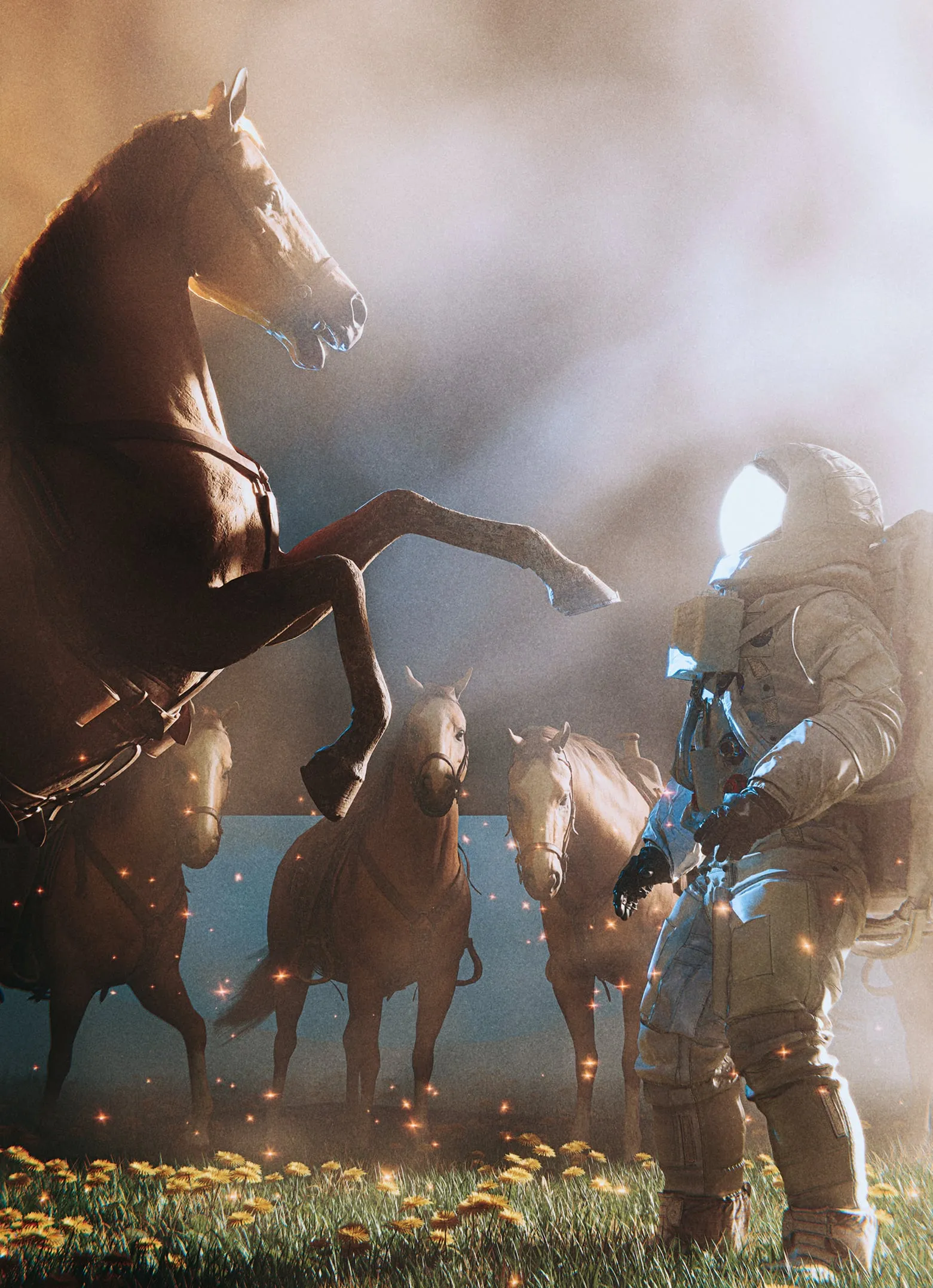 A rearing horse facing an astronaut